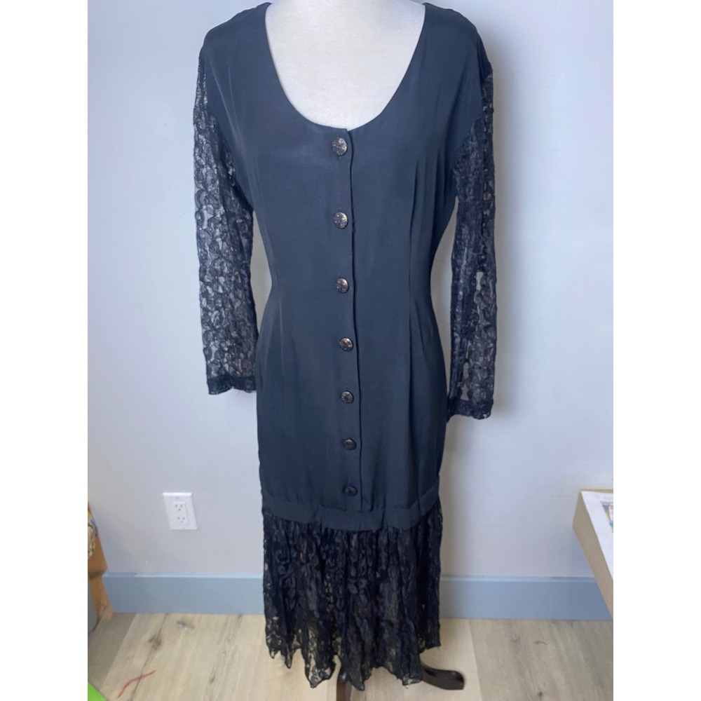 Vintage 90s Knapp Studio California Black Lace Goth Halloween Midi Dress Size 7